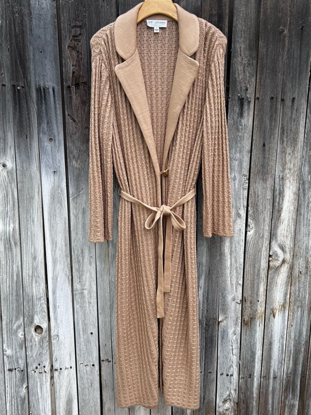 St. John Collection Vintage Long Wrap Belted Cardigan Sweater Camel Tan 16